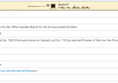 Casualty list no 1900 - Recording Frank's Release from POW Camp