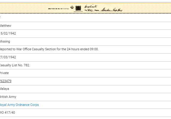 Casualty list no 782 - Recording Frank is missing